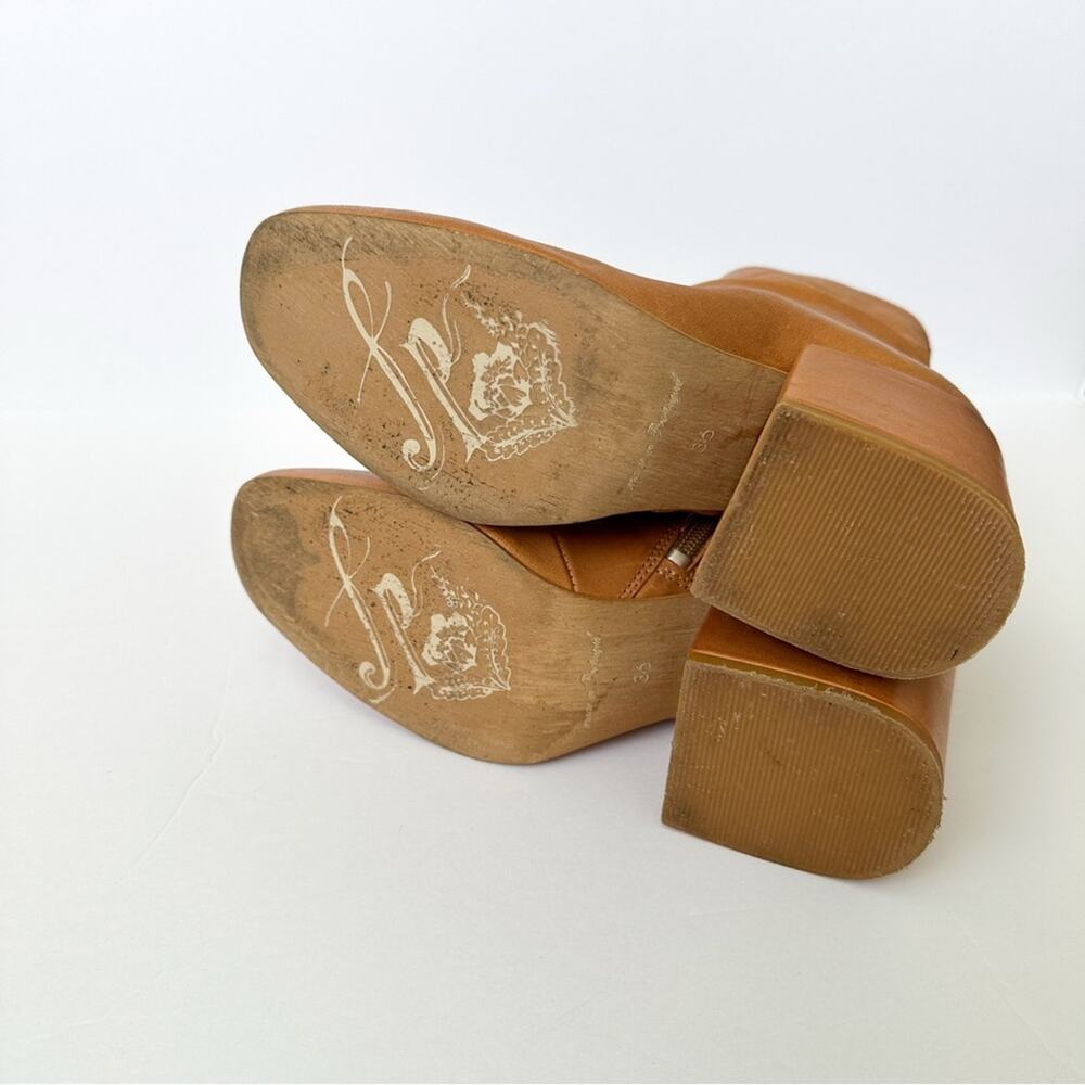 Free People Nicola Chunky Leather Booties SZ 6/36 Tan Block Heel Ankle Boots Zip - Picture 11 of 12